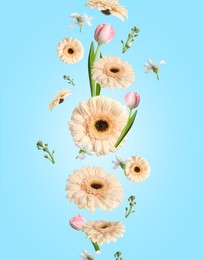 Image of Gerberas and other beautiful flowers in air on light blue background