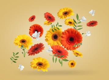 Image of Bright gerberas and other beautiful flowers in air on dark beige background