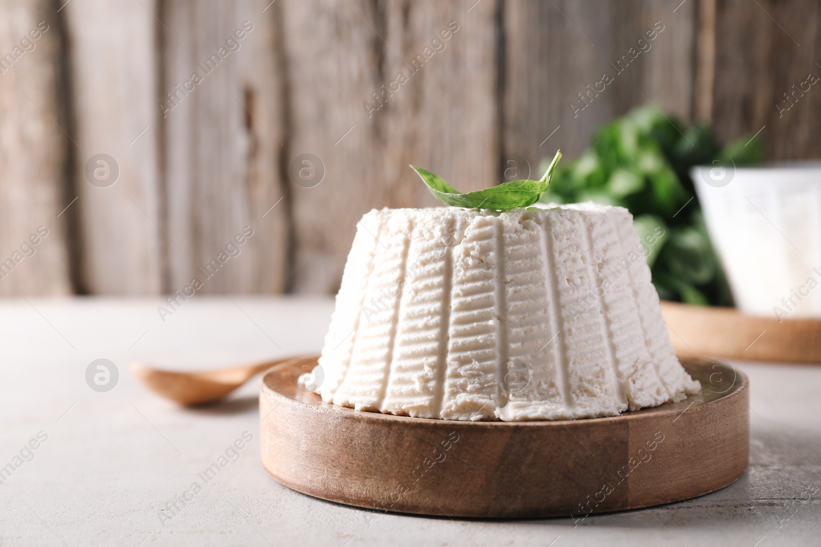 Photo of Fresh ricotta (cream cheese) and basil on light grey table, closeup. Space for text