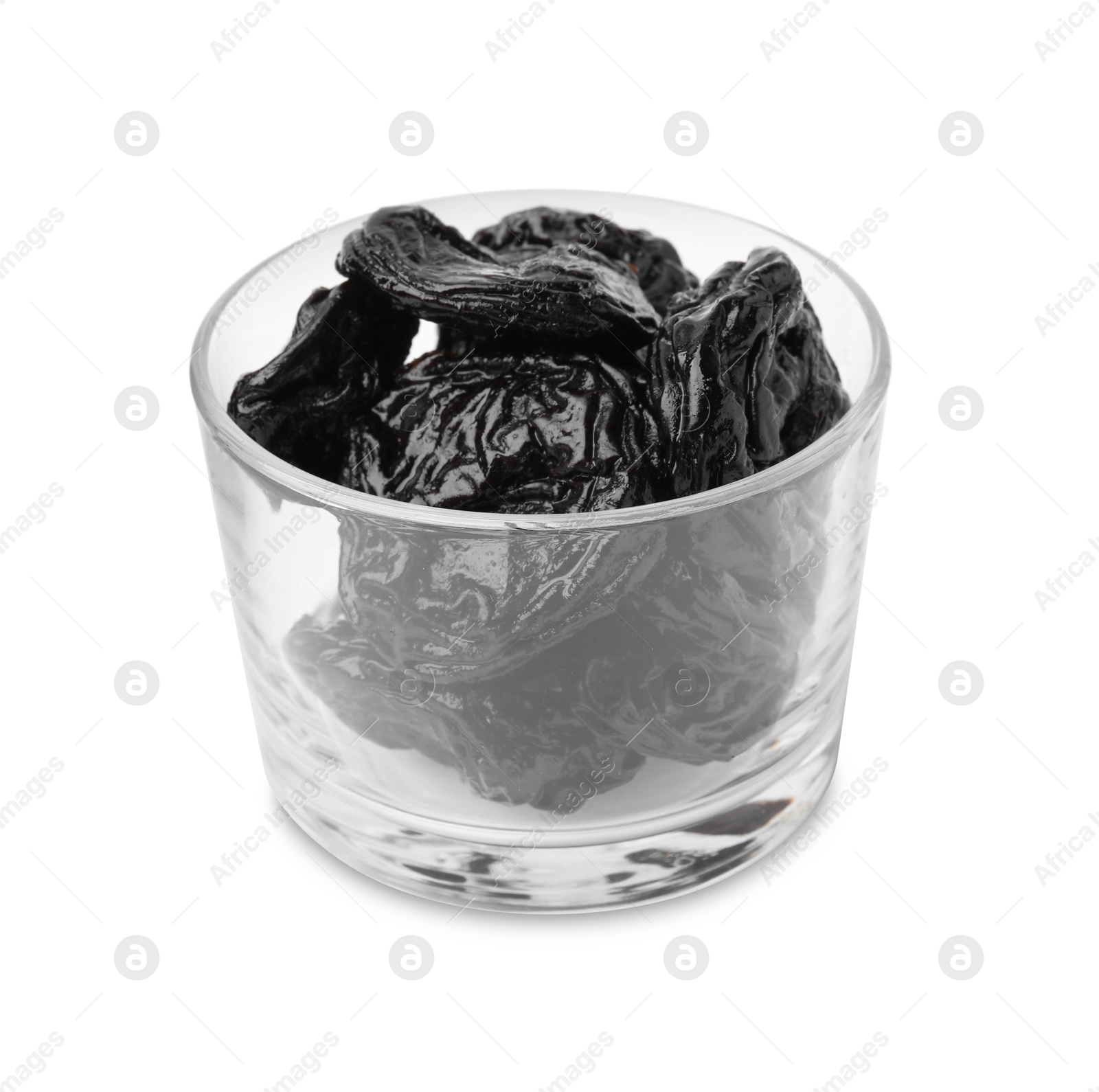 Photo of Tasty dried plums (prunes) in glass bowl isolated on white