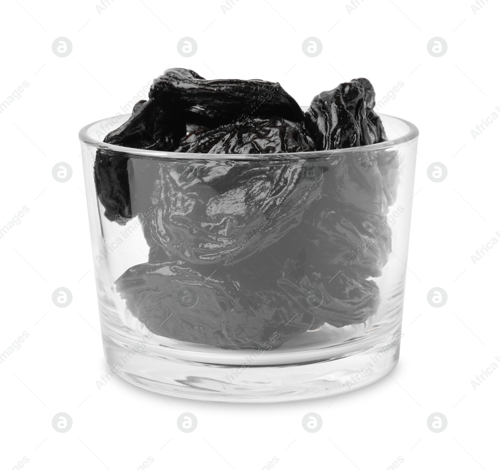 Photo of Tasty dried plums (prunes) in glass bowl isolated on white