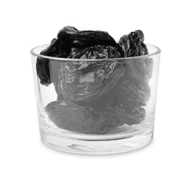 Tasty dried plums (prunes) in glass bowl isolated on white