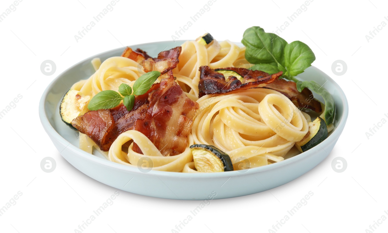 Photo of Tasty pasta with bacon and basil isolated on white