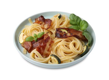 Tasty pasta with bacon and basil isolated on white