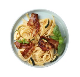 Photo of Tasty pasta with bacon and basil isolated on white