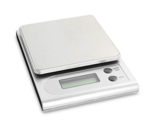 Photo of One metal kitchen scale isolated on white