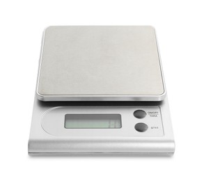 Photo of One metal kitchen scale isolated on white