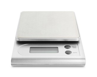 Photo of One metal kitchen scale isolated on white