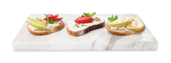 Photo of Delicious bruschettas with fresh ricotta (cream cheese), strawberry, mint and pear isolated on white