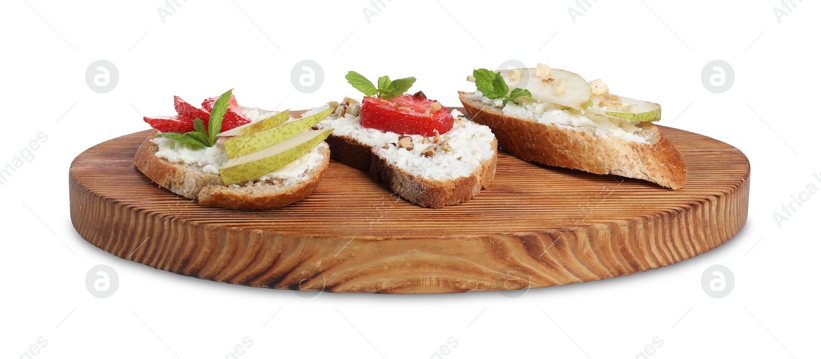 Photo of Delicious bruschettas with fresh ricotta (cream cheese), strawberry, mint and pear isolated on white