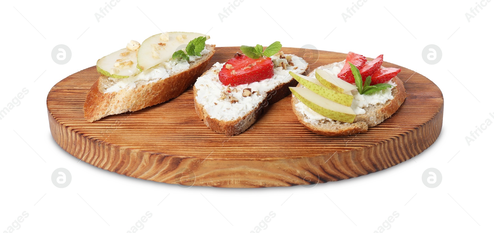 Photo of Delicious bruschettas with fresh ricotta (cream cheese), strawberry, mint and pear isolated on white