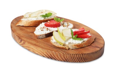 Photo of Delicious bruschettas with fresh ricotta (cream cheese), strawberry, mint and pear isolated on white