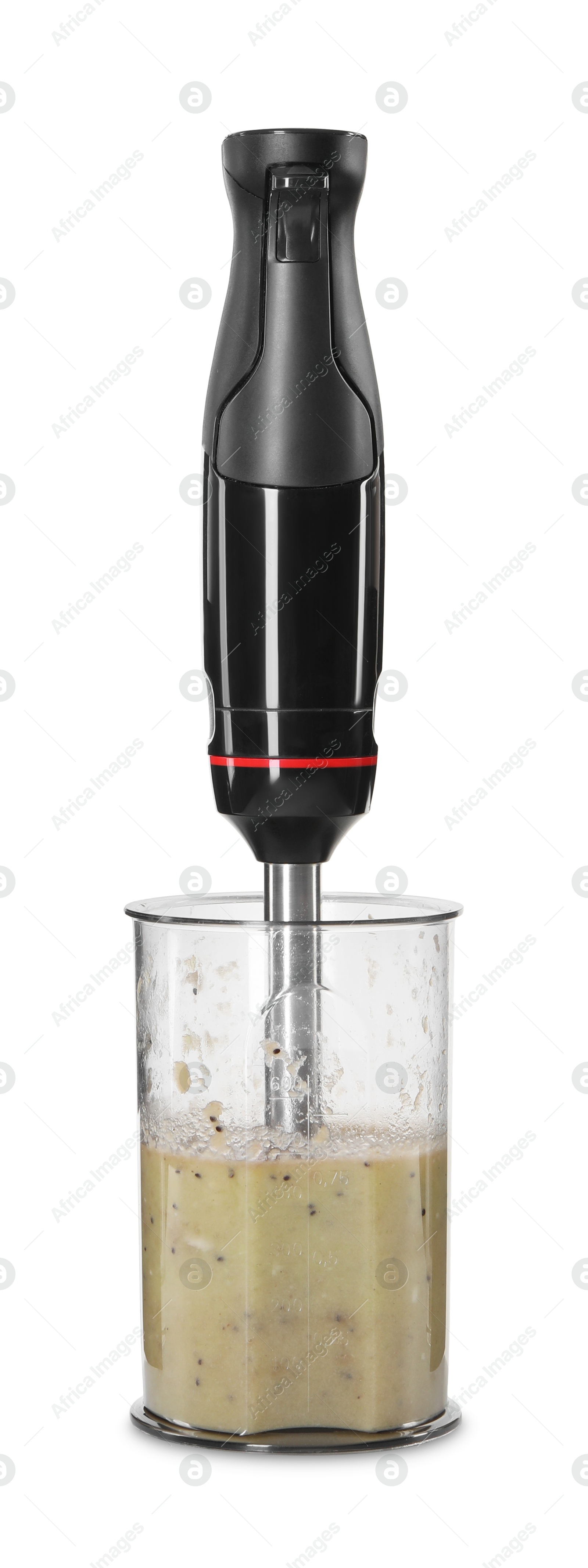 Photo of Hand blender with mixture of ingredients isolated on white