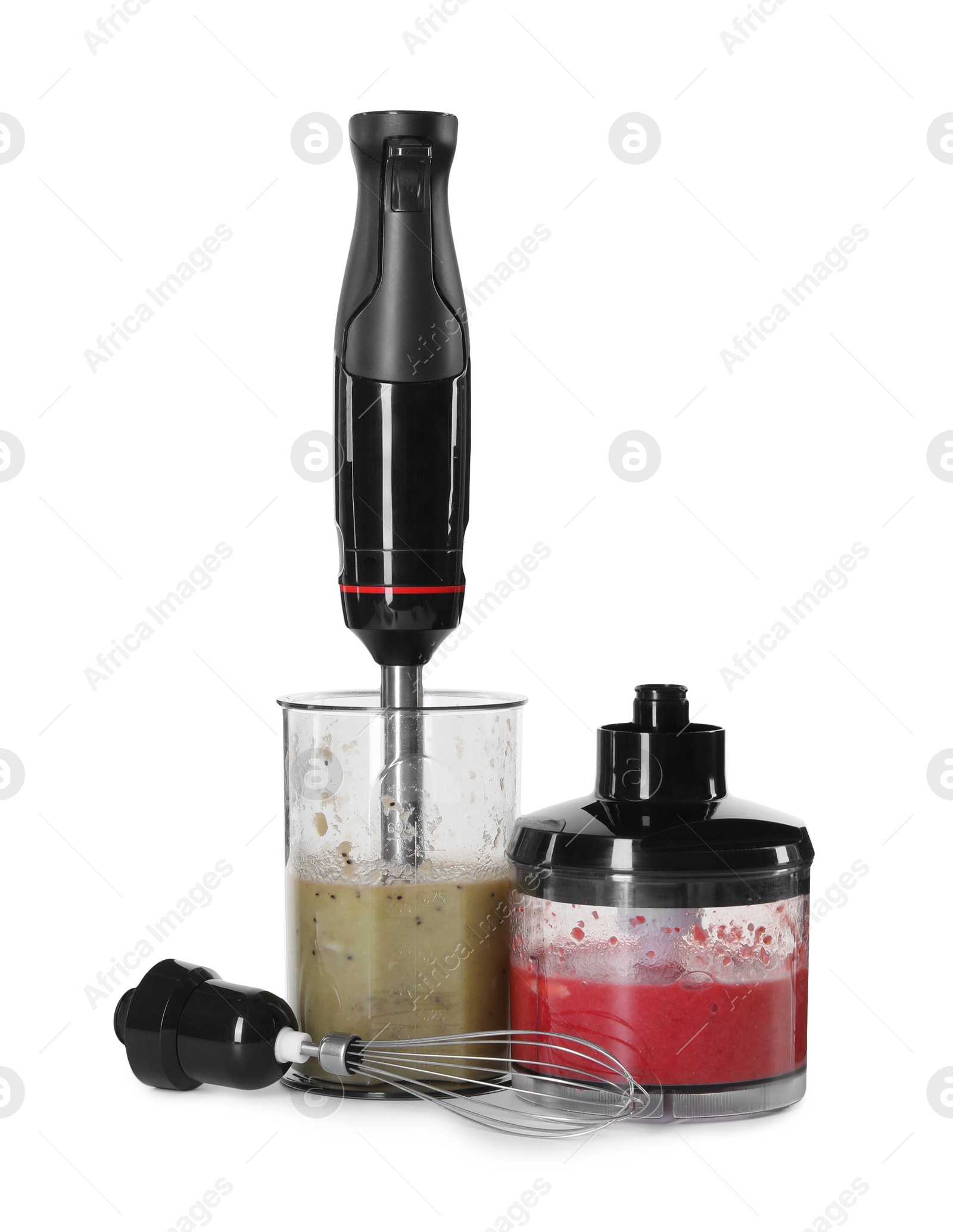 Photo of Hand blender kit and mixtures of ingredients isolated on white