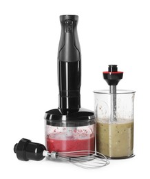 Photo of Hand blender kit and mixtures of ingredients isolated on white