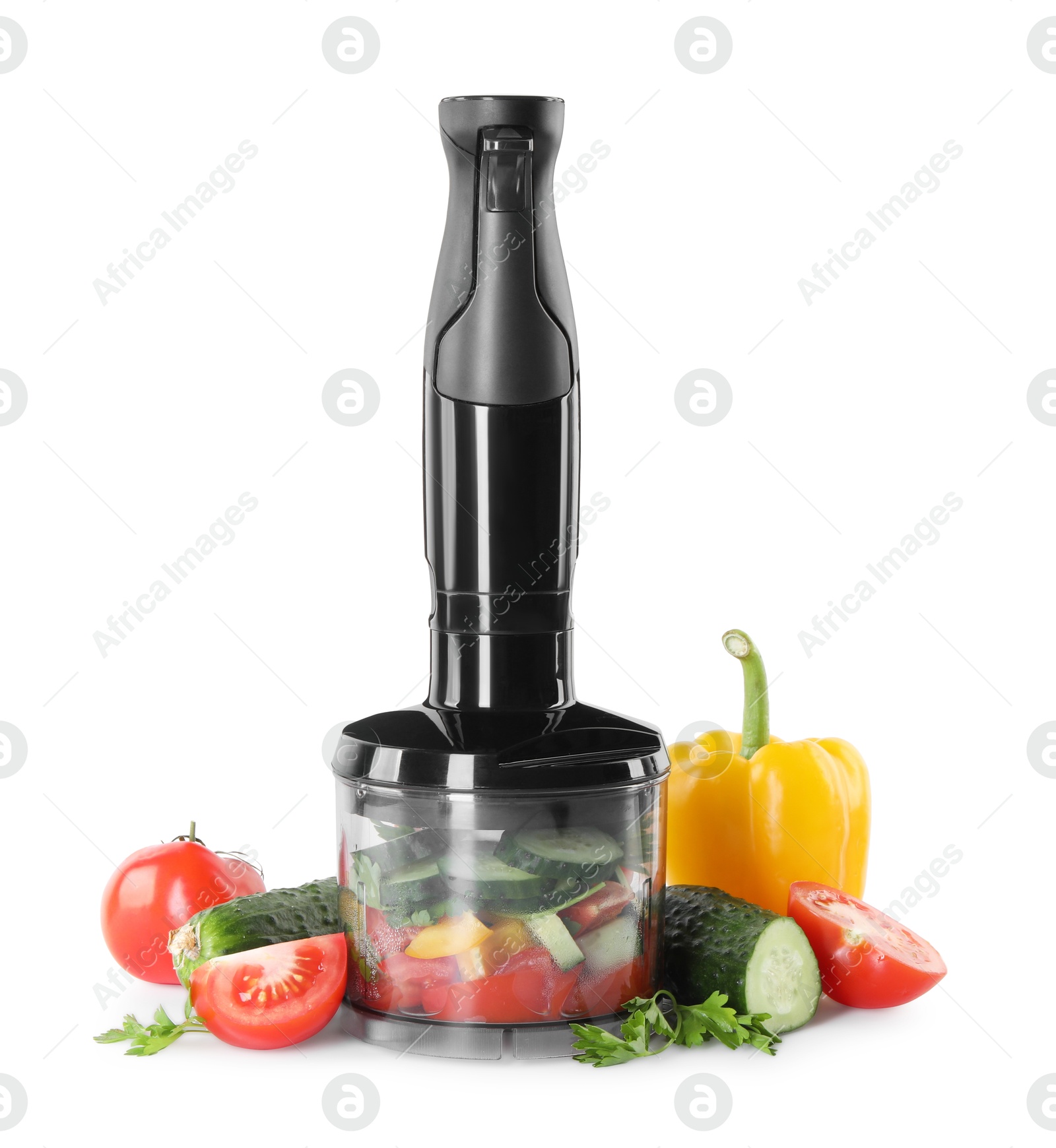 Photo of Hand blender, fresh vegetables and parsley isolated on white