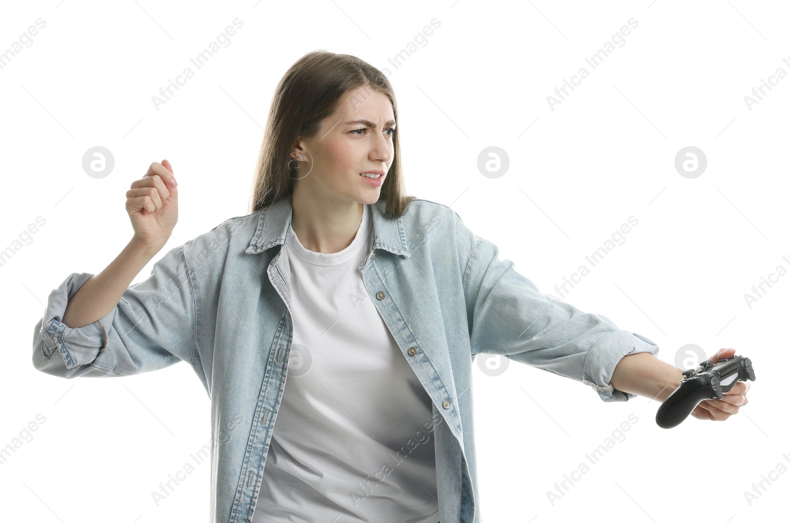 Photo of Beautiful woman playing video games with controller on white background