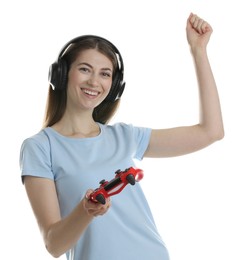 Happy woman with controller on white background