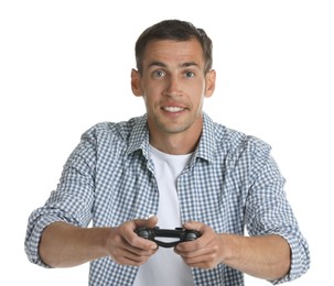 Photo of Happy man playing video games with controller on white background