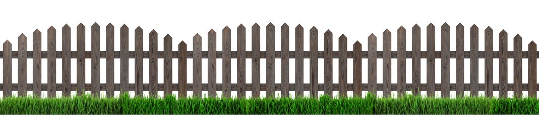 Image of Wooden fence and green grass isolated on white, banner design