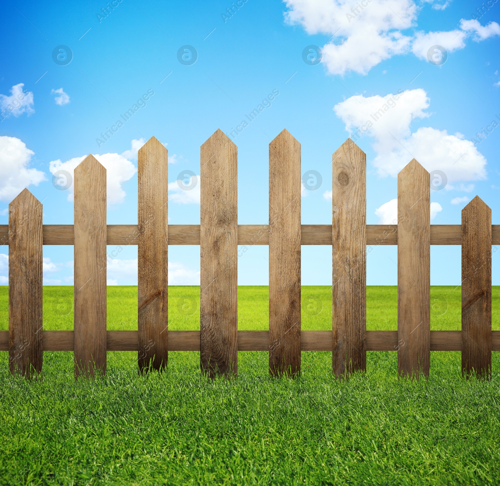 Image of Wooden fence and green grass under blue sky with clouds outdoors