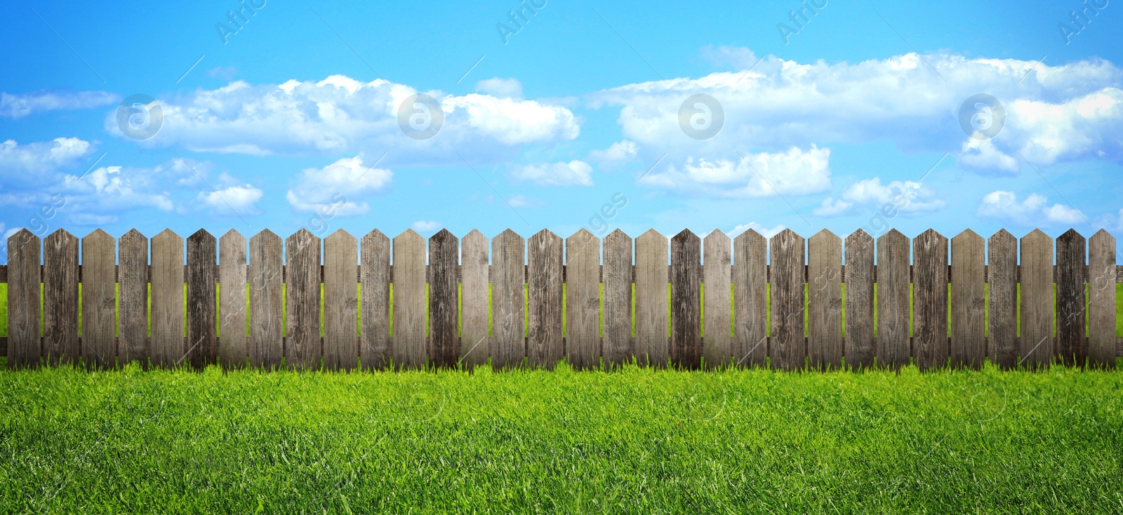 Image of Wooden fence and green grass outdoors, banner design