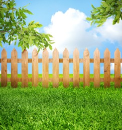 Image of Wooden fence, trees and green grass outdoors