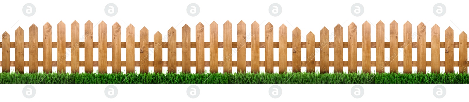 Image of Wooden fence and green grass isolated on white, banner design
