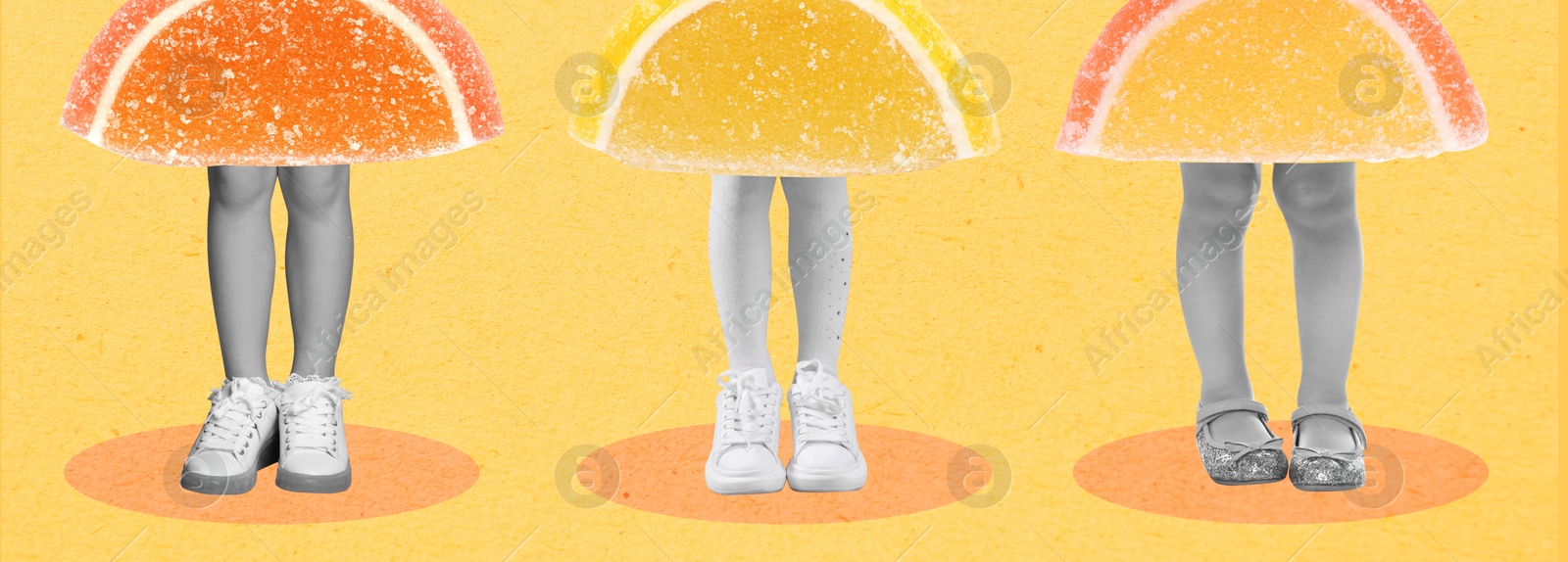 Image of Little girls with sweet jelly fruit slices as skirts on orange background. Creative art collage, banner design