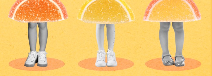 Little girls with sweet jelly fruit slices as skirts on orange background. Creative art collage, banner design