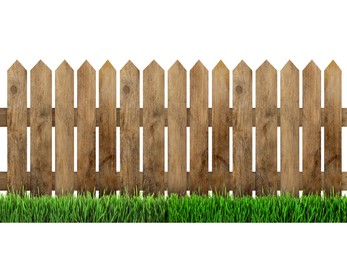 Wooden fence and green grass isolated on white