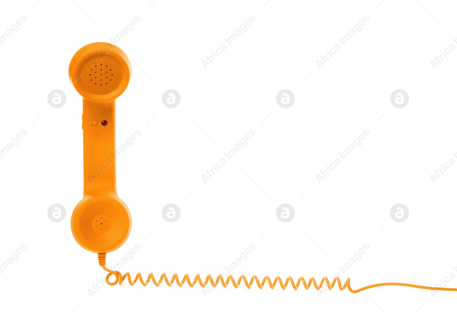 Image of Orange telephone handset with cord isolated on white