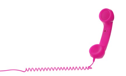 Image of Pink telephone handset with cord isolated on white