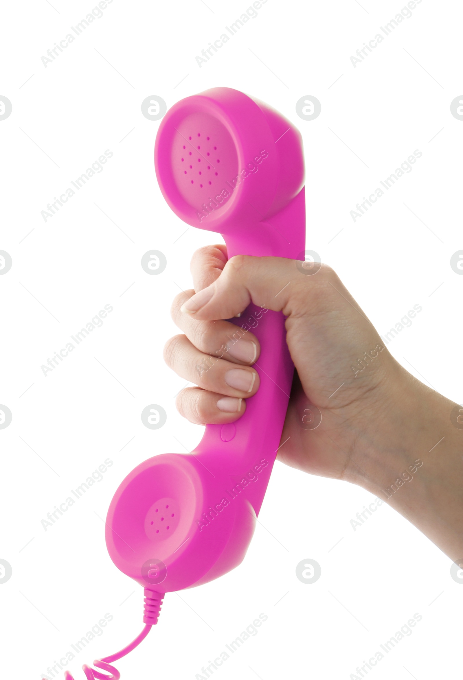 Image of Woman holding pink telephone handset on white background, closeup