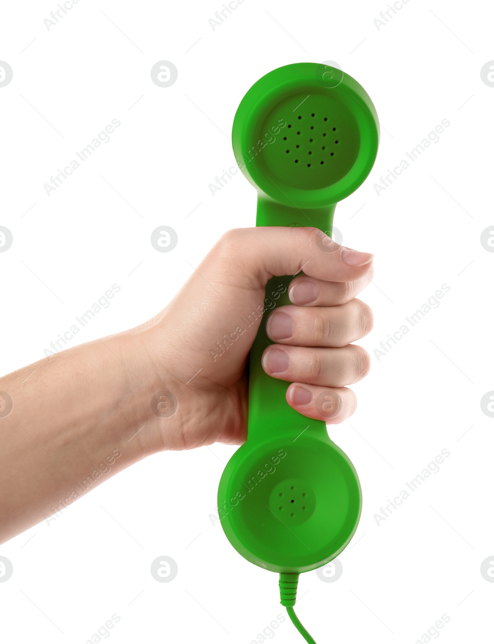 Image of Woman holding green telephone handset on white background, closeup