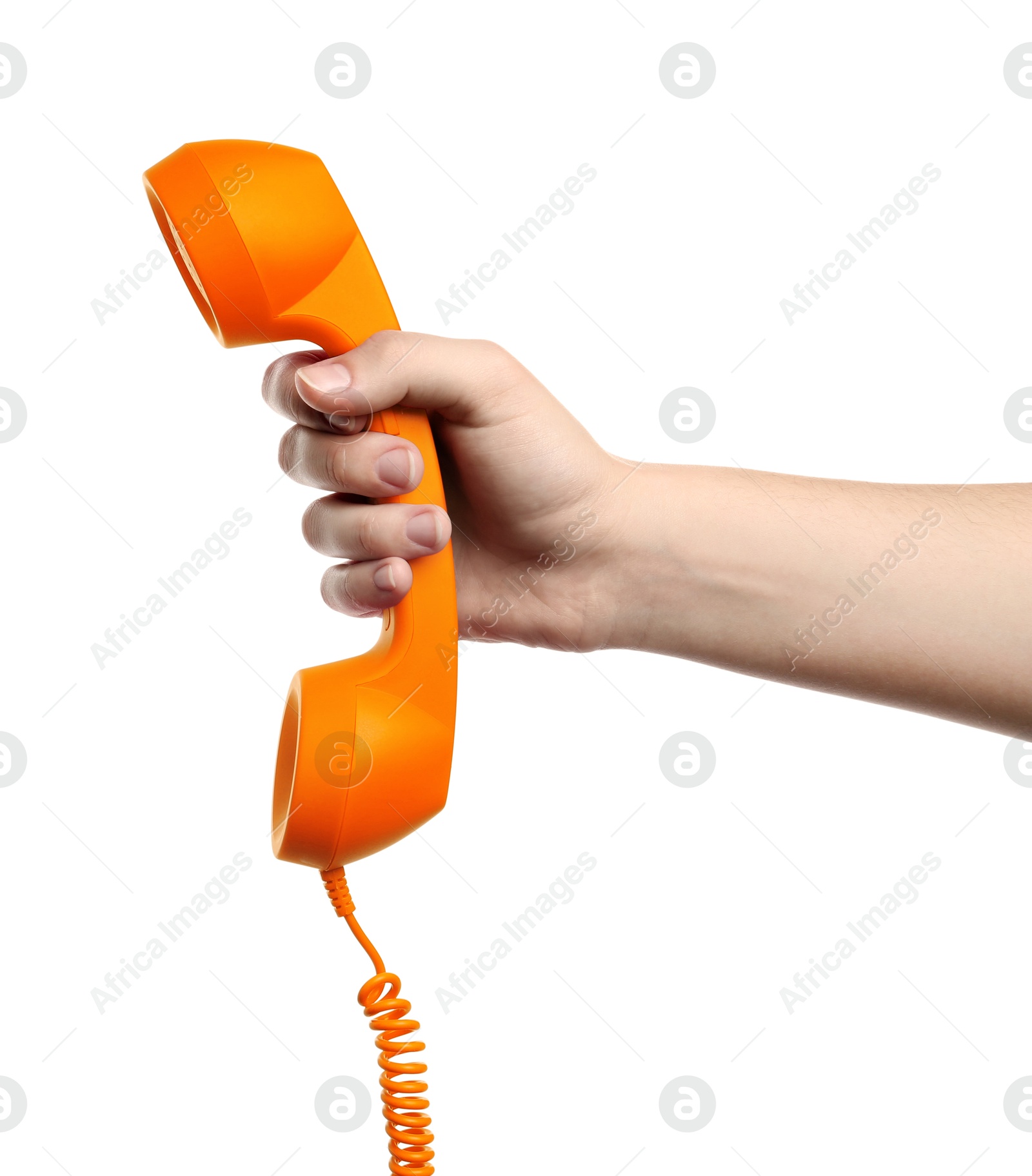 Image of Woman holding orange telephone handset on white background, closeup