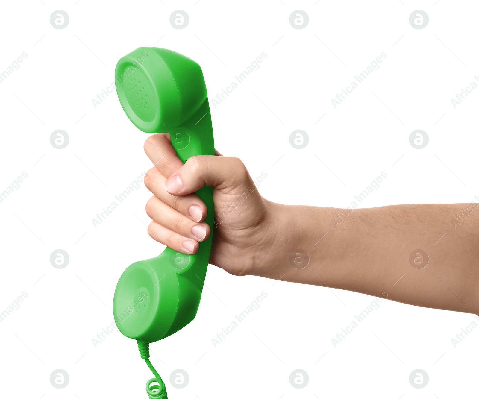 Image of Woman holding green telephone handset on white background, closeup