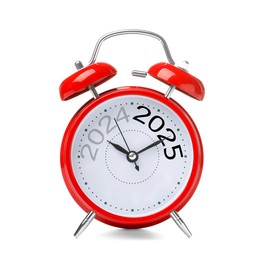 Image of Red alarm clock with hands pointing at numbers 2024 and 2025 isolated on white. Beginning of new year