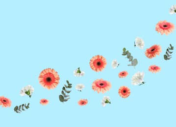 Coral gerberas, white carnations and eucalyptus flying on light blue background