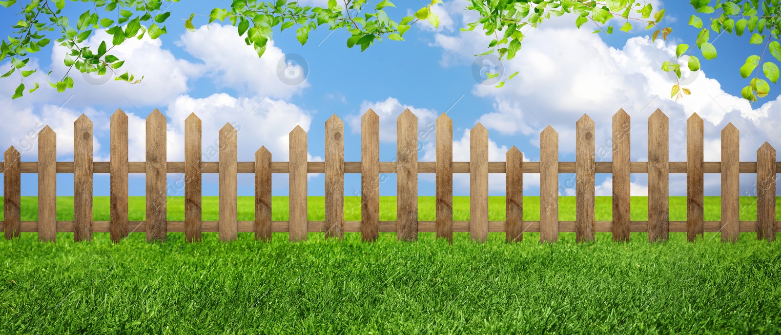 Image of Wooden fence and green grass outdoors, banner design