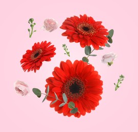 Image of Red gerberas and other beautiful flowers in air on pink background