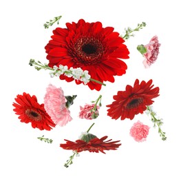 Image of Red gerberas and other beautiful flowers in air on white background