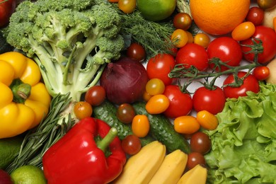 Photo of Source of protein for vegetarians. Different fresh vegetables, fruits and herbs as background, top view