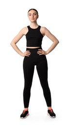 Young woman doing aerobic exercise on white background