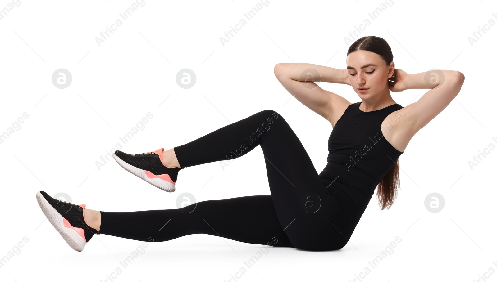 Photo of Young woman doing aerobic exercise on white background