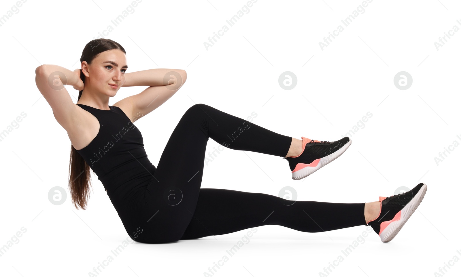 Photo of Young woman doing aerobic exercise on white background