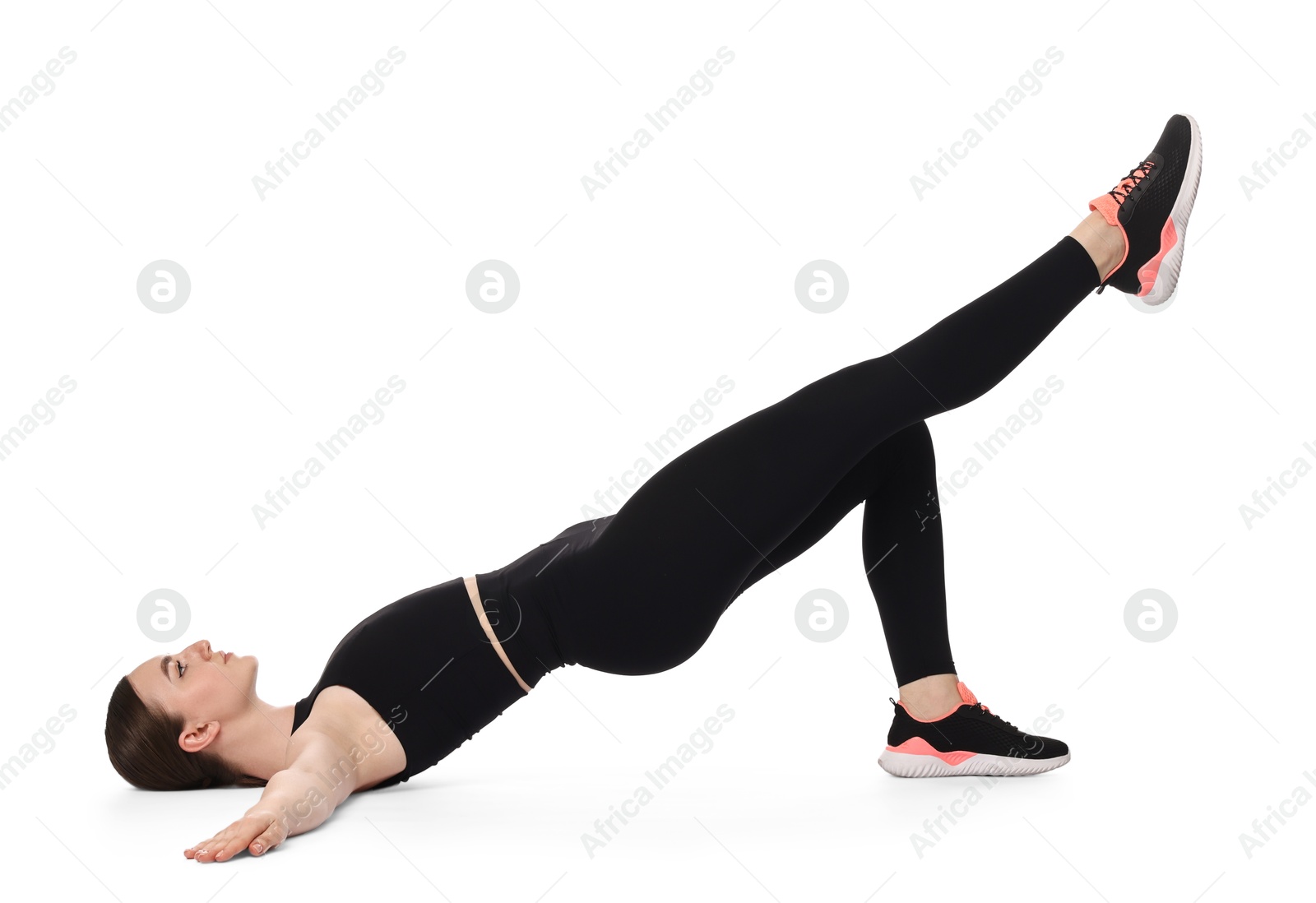 Photo of Young woman doing aerobic exercise on white background