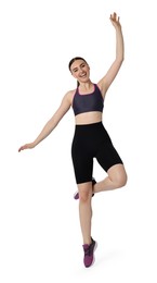 Photo of Young woman doing aerobic exercise on white background