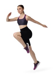 Photo of Young woman doing aerobic exercise on white background