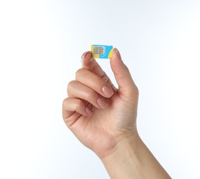 Woman with SIM card on white background, closeup